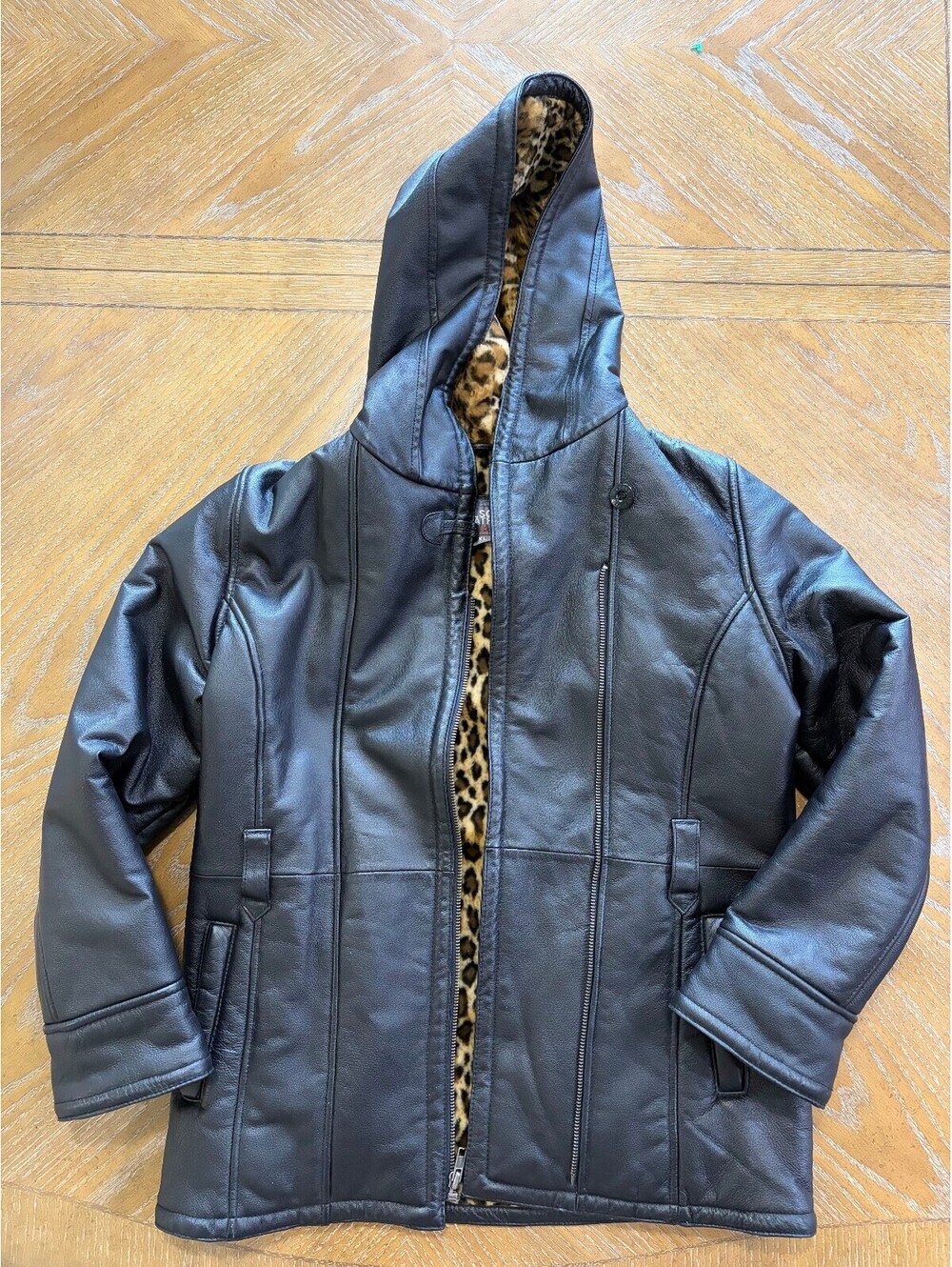 Wilsons Leather Kids XL Black Leather Hooded Jacket with Leopard Print Faux Fur